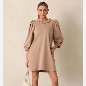 Beige Braided-Trim Puff-Sleeve Crew Neck Dress Size Large Trendy With Pockets